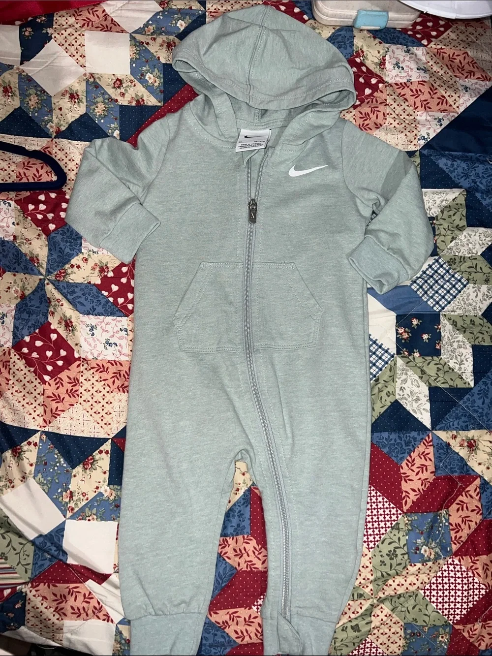 Nike Hooded Zip One-Piece Rompers - Sage Green & Light Blue